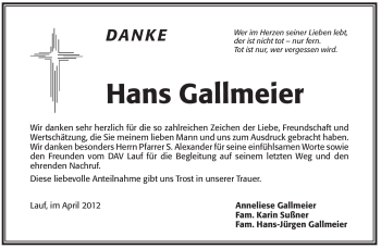 Traueranzeige von Hans Gallmeier von Pegnitz-Zeitung